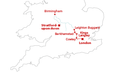 カヌー旅行の航路 - Kings Langley - Berkhamsted - Leighton Buggard