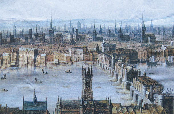 多くの尖塔が描かれた「ロンドン・パノラマ」(1616年フィッセル作)
