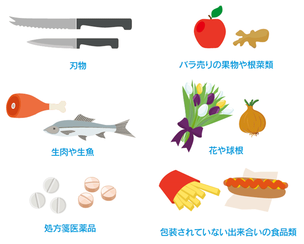 ビニール袋の利用代が適用されない商品例 - 刃物、バラ売りの果物や根菜類、処方箋医薬品、生肉や生魚、花や球根、包装されていない出来合いの食品類