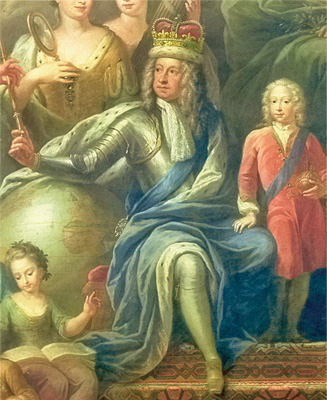 宮廷画家のジェームズ・ソーンヒルが描いた、家族に囲まれたジョージ1世。膝に手を置いているのは皇太子で、後のジョージ2世。グリニッジの旧王立海軍学校にあるペインテッド・ホールの天井画の一部