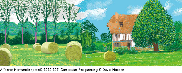 ホックニーの有名な絵「A Year in Normandie (detail)」鮮やかな緑のなかにある大きな木やフランスの民家、牧草ロールがいくつもある風景