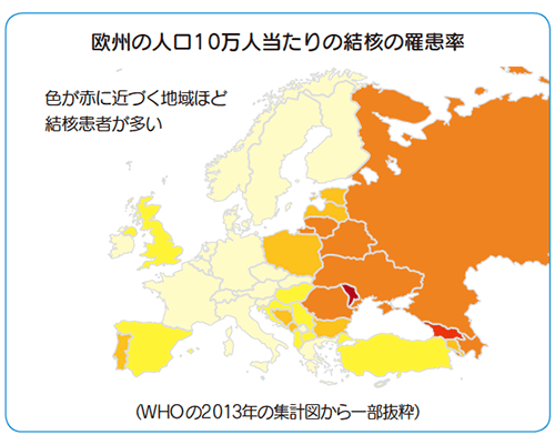 欧州の人口10万人当たりの結核の罹患率