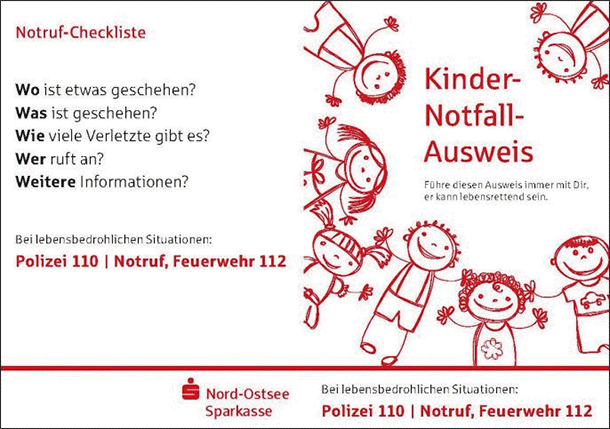 子ども用の緊急連絡カード（Nord-Ostsee Sparkasseの例）