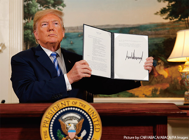 5月8日、米ホワイトハウスでイラン核合意の破棄について発表したトランプ大統領