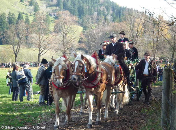 美しく飾られた馬車が、シュリーア湖の秋の道を行く