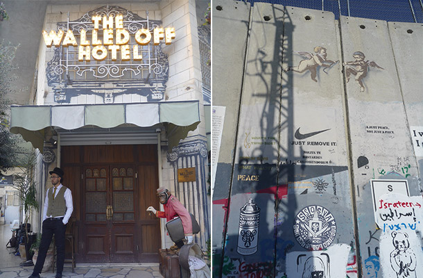 写真左：バンクシーホテルの入り口<br />写真右：分離壁のパレスチナ側。上にある天使の絵は、バンクシーの作品