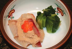イズミダイの昆布締め肝酢かけ