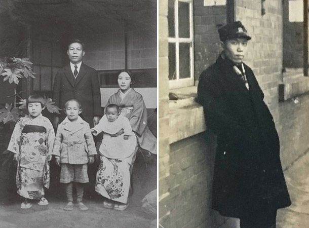 写真左）6歳の時に自宅の中庭で撮った家族写真、写真右）広島高等師範学校時代に。旧陸軍被服支廠校舎にて