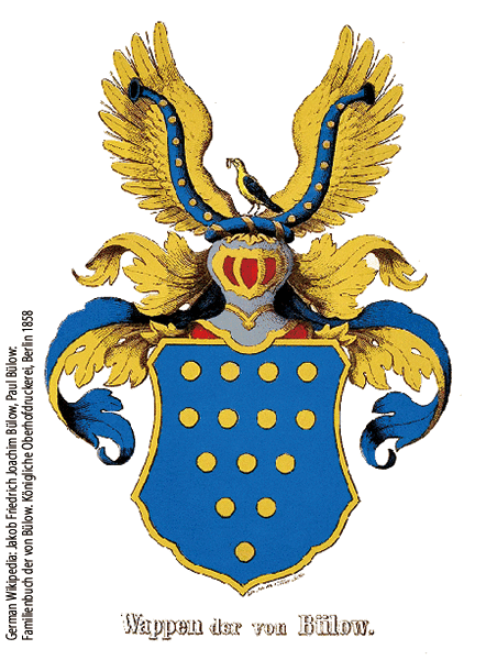 フォン・ビューロー家の紋章。「ロリオ」とは、フランス語でニシコウライウグイスのことで、紋章の一番上にニシコウライウグイスが乗っていることにちなむ
