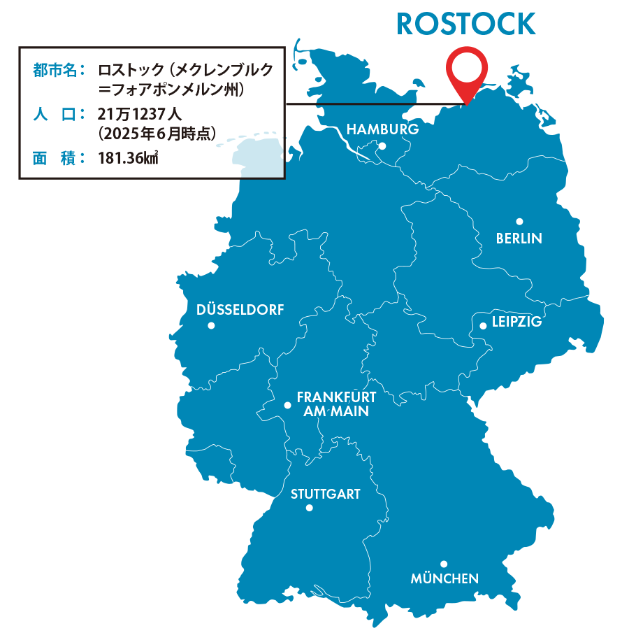 都市名：ロストック（メクレンブルク＝フォアポンメルン州）
人口：21万1237人（2025年6月時点）
面積：181.36㎢